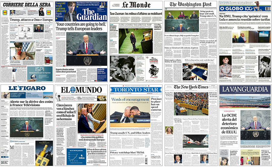 Figure 4. Examples of newspaper front pages from U.S. President Donald Trump's described speech at the United Nations General Assembly in September 2025.