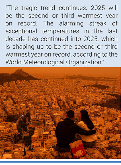 A couple sits on Tourkovounia hill as southerly winds sweep in waves of Saharan dust, in Athens. Photo: Angelos Tzortziis/AFP.