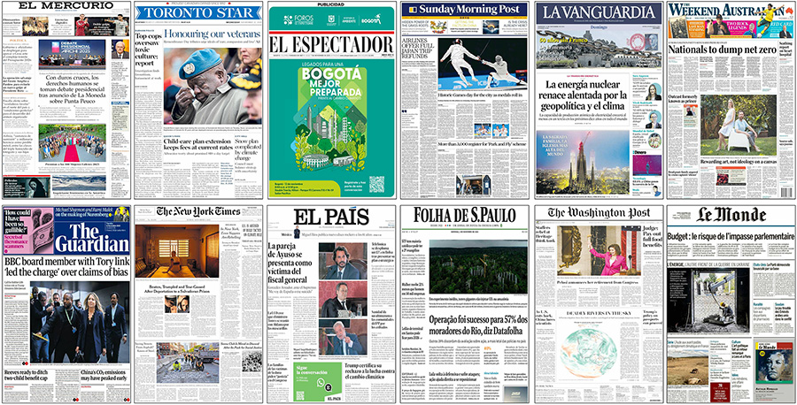 Figure 4. Examples of newspaper front pages with climate change stories in November 2025. 