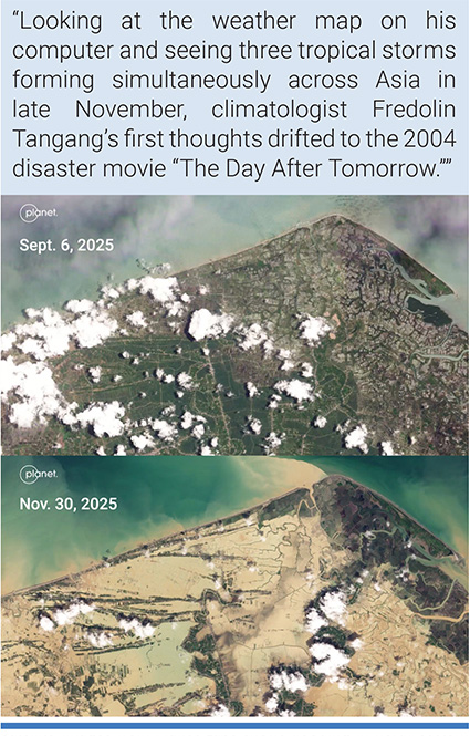 Satellite images from Planet Labs shows flooding in north eastern Aceh on Indonesia's Sumatra island on September 6, 2025 (top) and November 30, 2025 (bottom). Credit: Planet Labs PBC.