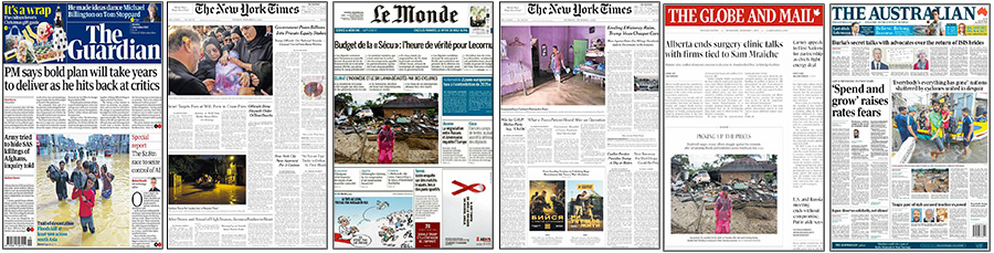 Figure 4. Examples of Asian newspaper front pages with climate change and flooding stories in December 2025. 
