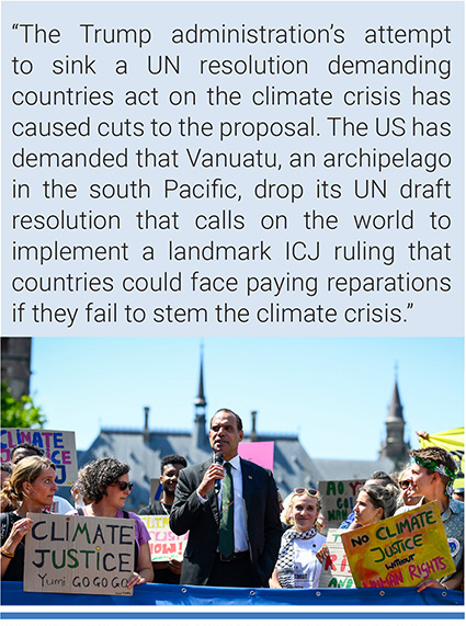 Ralph Regenvanu, Vanuatu's minister for climate change adaption, at a demonstration ahead of an ICJ session. Photo: John Thys/AFP via Getty Images.