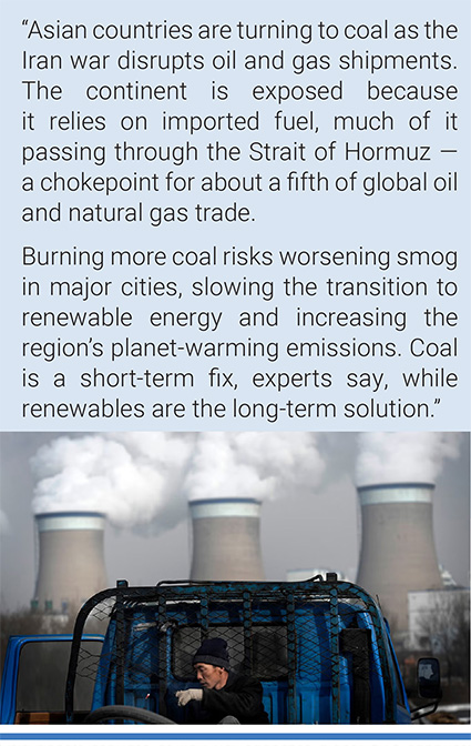 Asia boosts coal use as Iran war squeezes global LNG supplies. Photo: Associated Press.