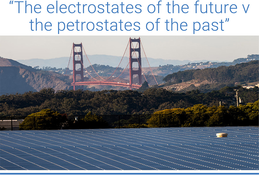 A solar farm in San Francisco, California. The state now generates two-thirds of its electricity from low-carbon sources. Photo: David Paul Morris/Bloomberg via Getty Images.