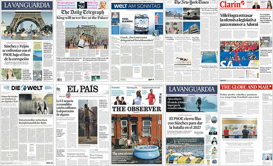 Figure 4. Examples of newspaper front pages with climate change stories focusing on heat waves and a changing climate in June 2026.