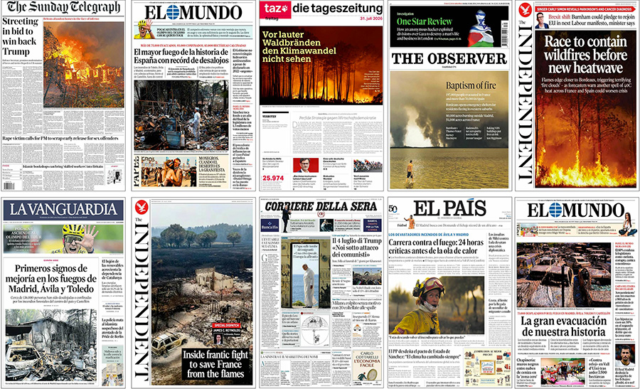 Figure 4. Examples of European newspaper front pages with climate change stories focusing on heat waves and a changing climate in July 2026.