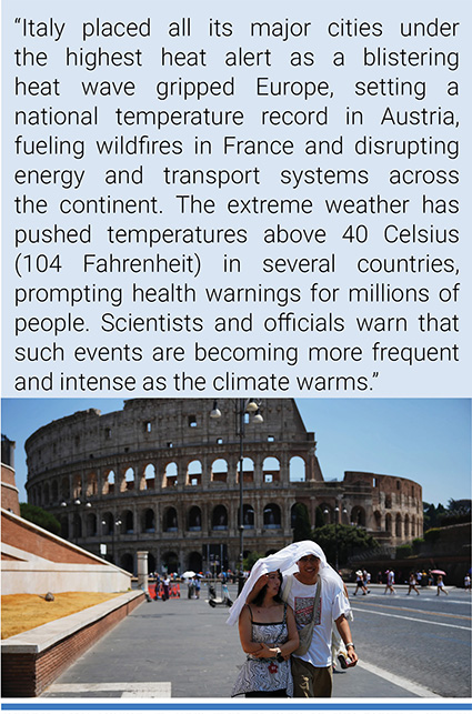 Tourists take shelter as they walk in front of the Rome’a ancient Colosseum on August 1, 2026. Photo credit: Alessandra Tarantino/AP.