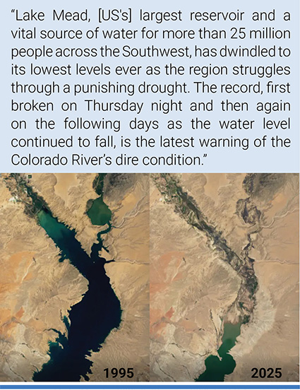 Aerial view of Lake Mead in 2005 (left) and in 2025 (right). Credit: NASA Goddard Space Flight Center.