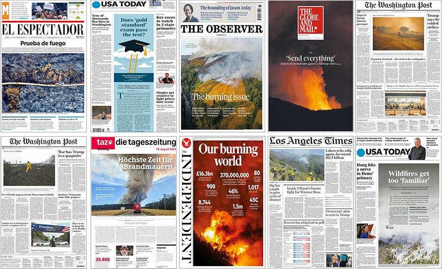 Figure 4. Examples of newspaper front pages in August 2026 covering heat waves and wildfires in Europe, making connections with climate change. 