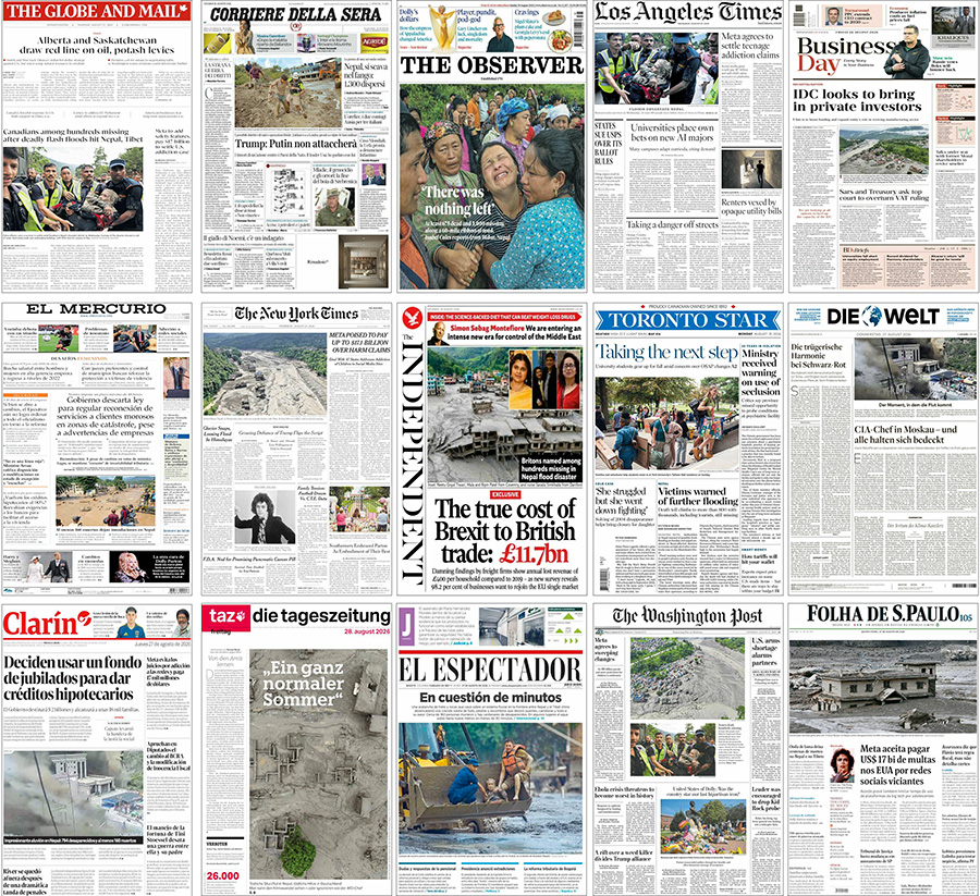 Figure 5. Examples of newspaper front pages in August 2026 covering the tragedy in Nepal and Tibet making connections with climate change. 
