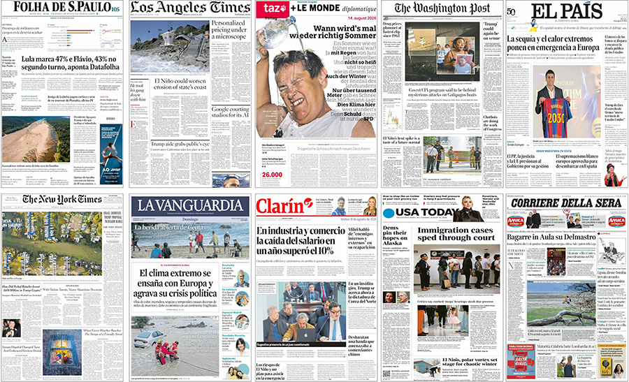 Figure 4. Examples of newspaper front pages in August 2026 covering heat waves and wildfires in Europe, making connections with climate change. 