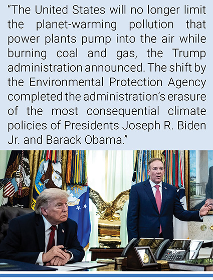 EPA administrator Lee Zeldin speaking next to President Trump in the Oval Office. Mr. Zeldin announced that the agency will no longer limit greenhouse gas emissions from power plants. Photo credit: Pete Marovich/New York Times.