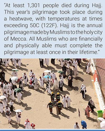 Rescuers carry away a man affected by the scorching heat as Muslim pilgrims participate in the Hajj pilgrimage in Mina, near Saudi Arabia's holy city of Mecca. Photo: Fadel Senna/AFP/Getty Images.