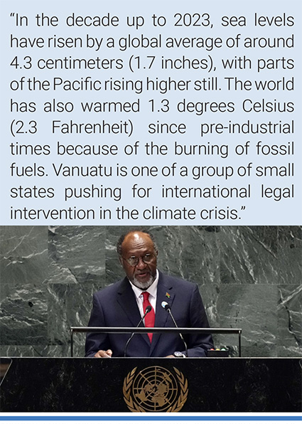 Vanuatu Prime Minister Charlot Salwai Tabimasmas addresses the 79th session of the United Nations General Assembly. Photo: Richard Drew/AP.