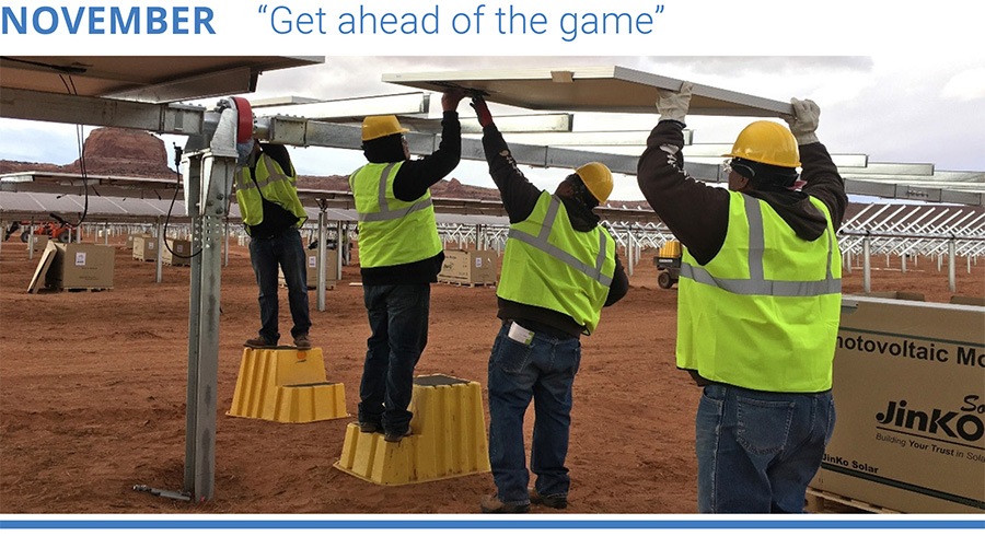 The construction project to build the Kayenta solar farms on the Navajo Nation, shown here in 2018, employed hundreds of people, nearly 90 percent of whom were Navajo citizens. Photo: Navajo Tribal Utility Authority / Navajo Nation.