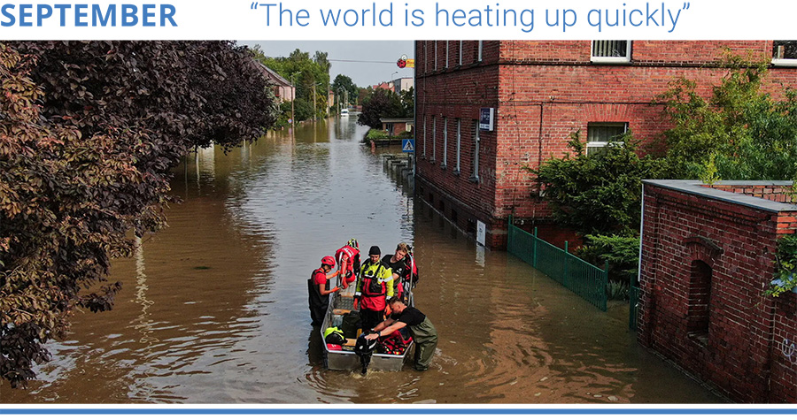 Firefighters on the flooded streets of Lewin Brzeski, Poland, on September. Photo: Omar Marques/Getty Images.