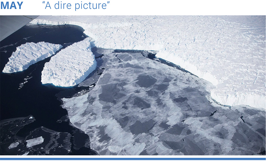 Ice floats near the coast of West Antarctica. Scientists are concerned the West Antarctic Ice Sheet may be in a state of irreversible decline directly contributing to rising sea levels. Photo: Mario Tama/Getty Images.