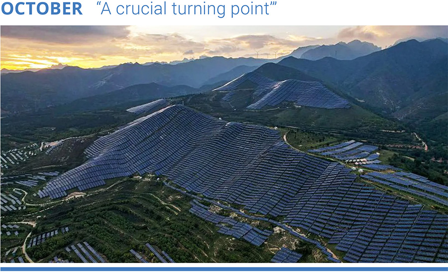 Blue solar photovoltaic panels neatly arranged in Yuncheng City, China. Photo: Getty Images.